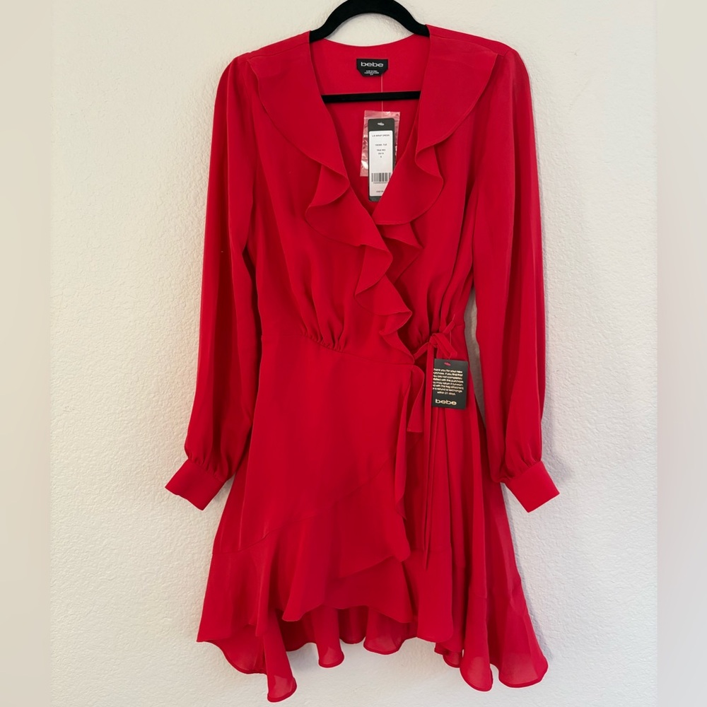 Bebe Wrap Dress Ruffle Party Dressy Holiday Long Sleeve with Ruffles Size Small - Picture 2 of 7